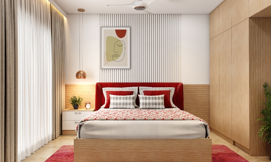 Bedroom design with a space-saving wardrobe and inbuilt dressing unit is perfect for a compact apartment