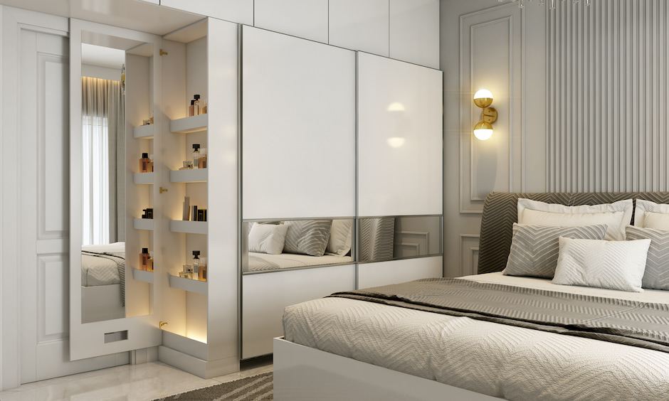 A Modern Bedroom With Pull-Out Dresser And A Hidden Mirror - DesignCafe