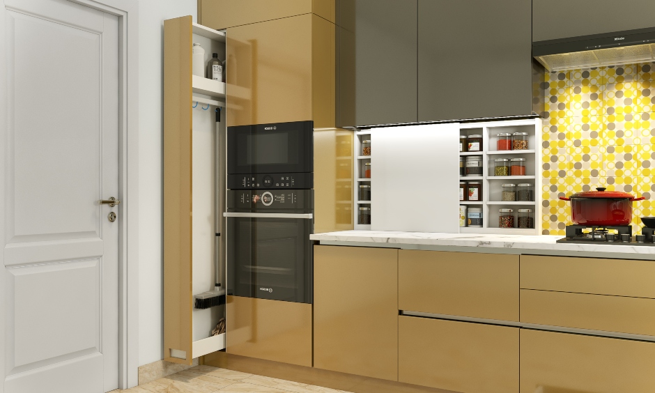 A Modular Kitchen Designed With A Janitor Unit - DesignCafe