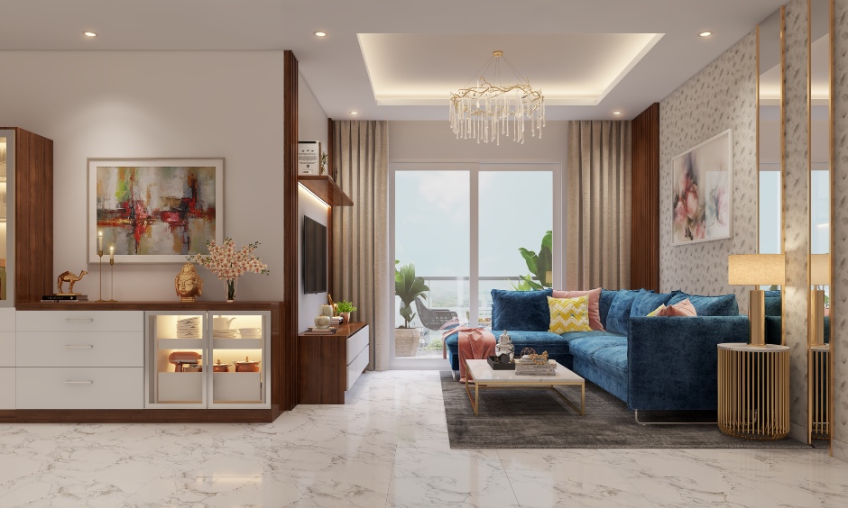 A small luxury living room comes with a tv unit and an L-shaped sofa paired with a gorgeous marble top coffee table