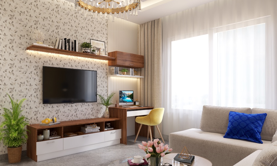 A small living room tv unit comes with open shelving and extends into a side table