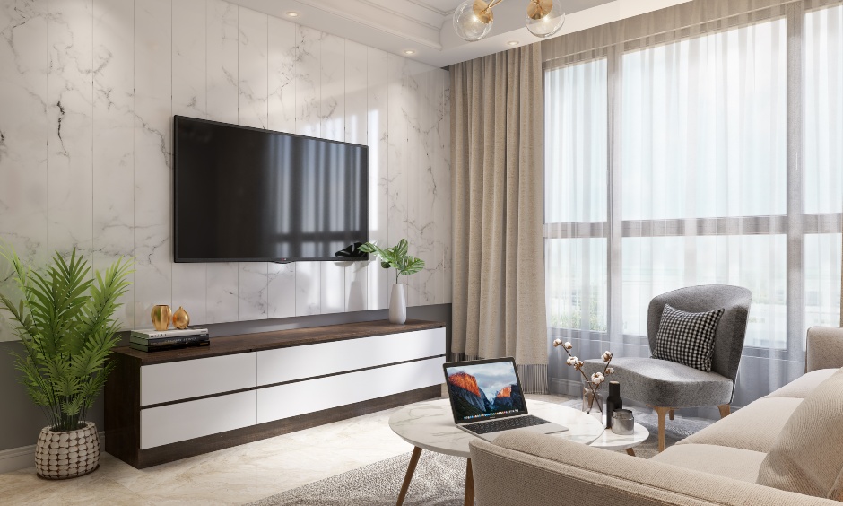 Tv Unit Neutral A Neutral Toned Living Room With A Minimalist Style TV Unit - DesignCafe