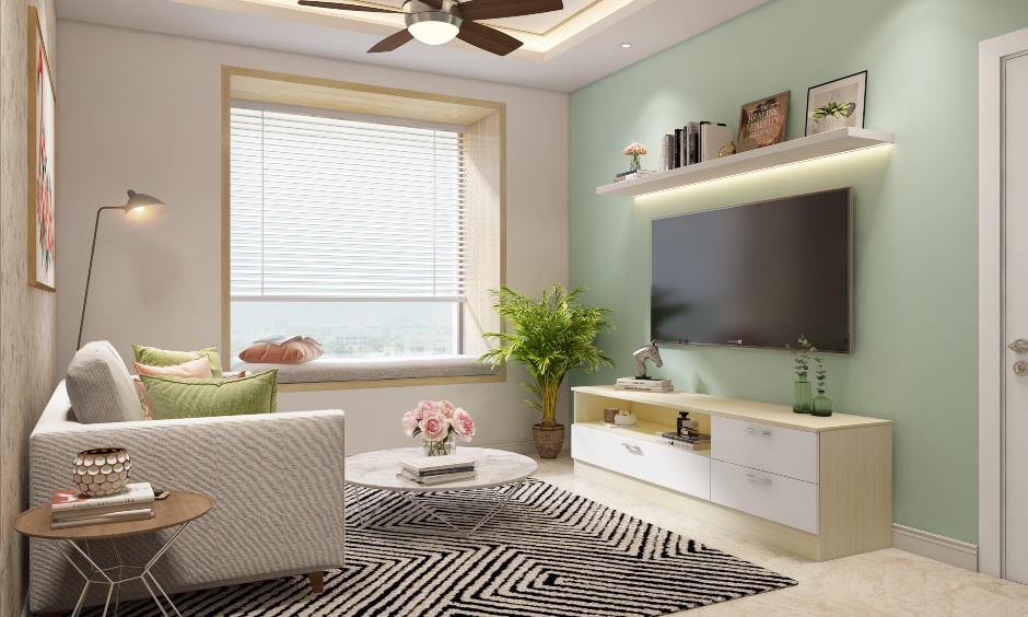 A modular living room comes with a tv unit with a floating wooden shelf and drawer cabinet