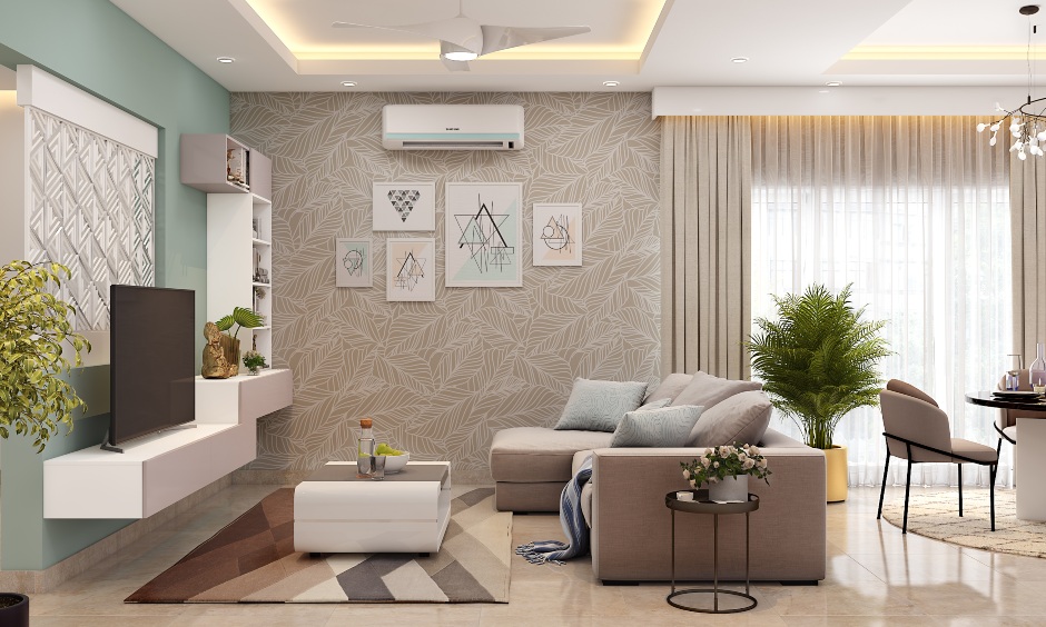 A modern living room in two toned-colour with a sectional sofa with storage beneath adds to the functionality