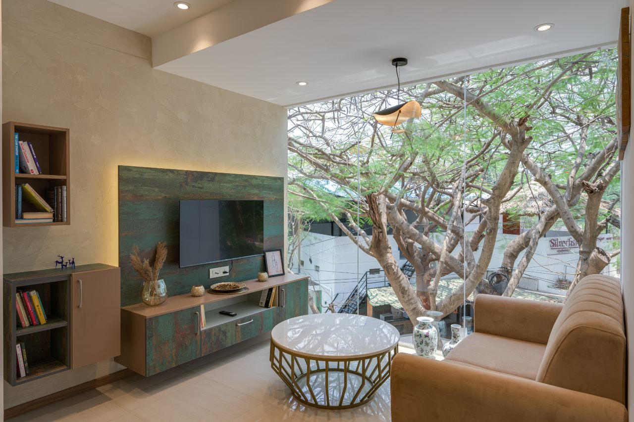 A living room interior design display at Mysore design cafe experience store