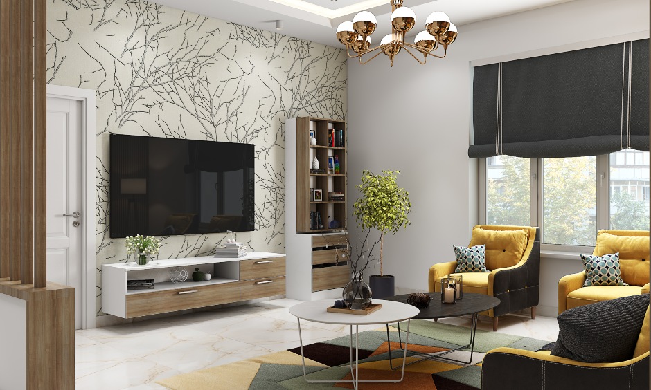 A living room modern tv wall designed in funky style lends a gorgeous look