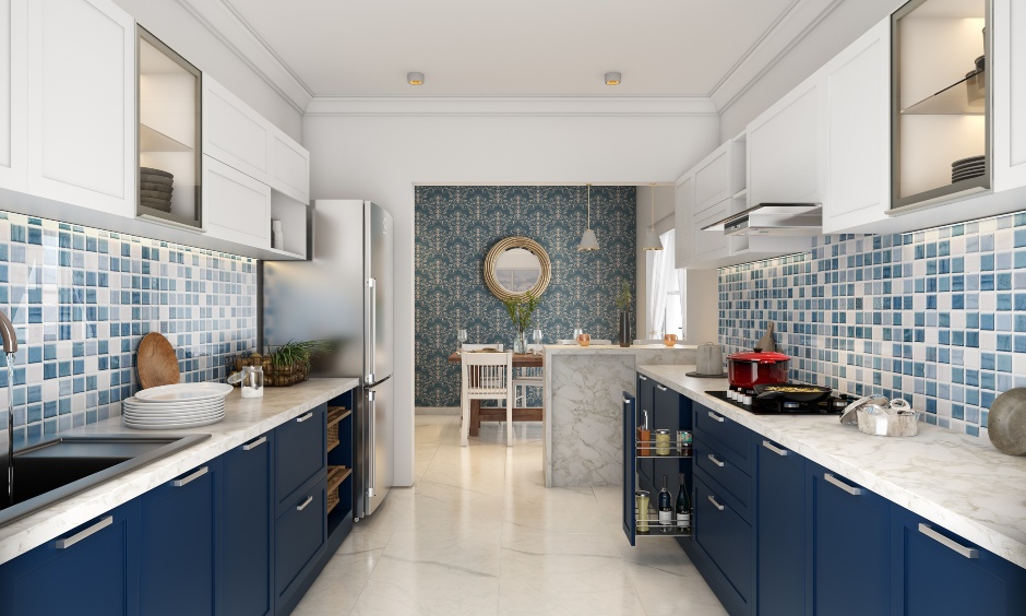 A Parallel Kitchen Designed In Blue Duco Finish - DesignCafe