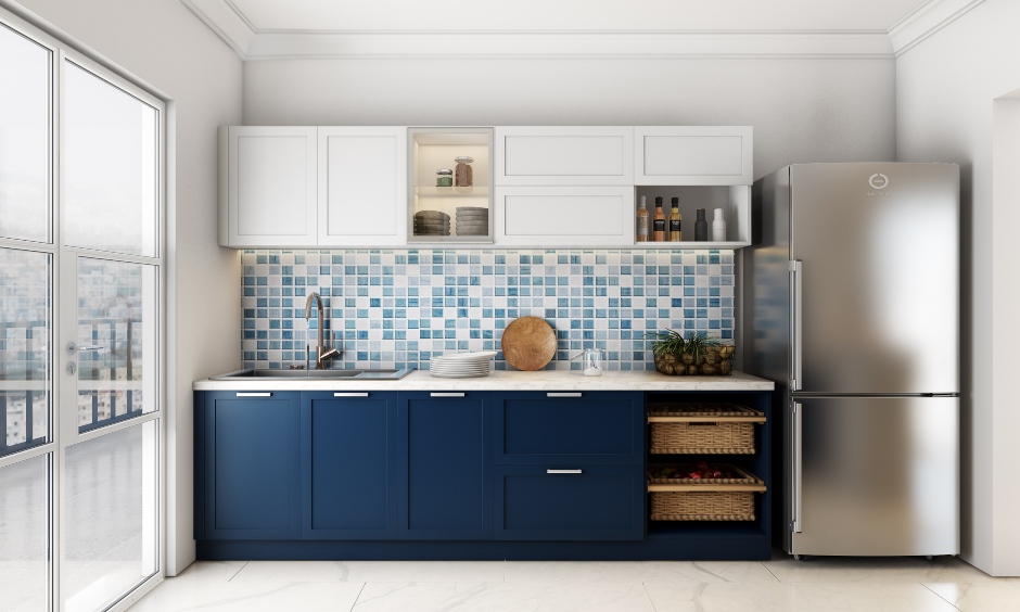 Parallel Kitchen Racks A Parallel Kitchen Designed In Blue Duco Finish - DesignCafe
