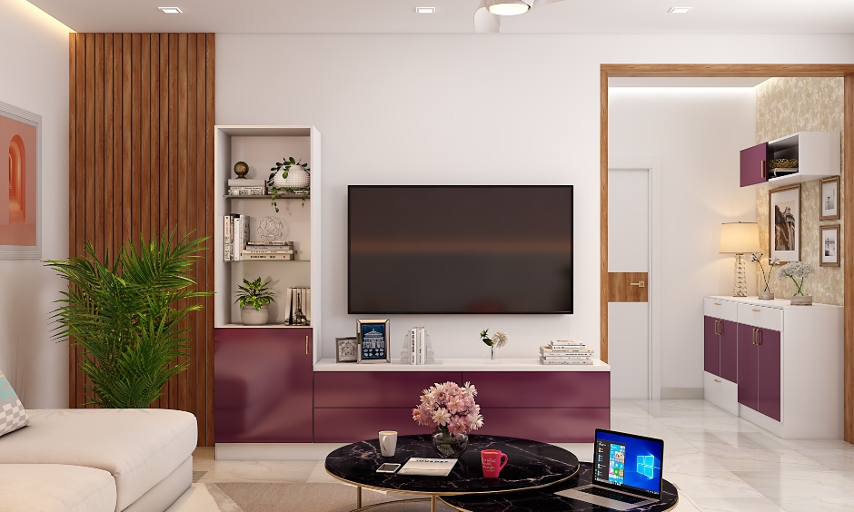 A Modern Living Room With a TV Unit With An Attached Display Shelf ...