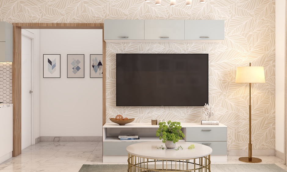 A living room tv unit features a floor-mounted cabinet on the bottom and above wall-mounted cabinets