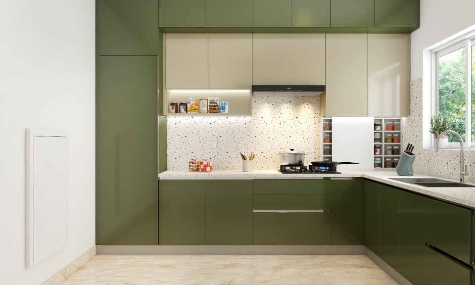 Modular Kitchen With A Wall Mounted Dining Table - DesignCafe