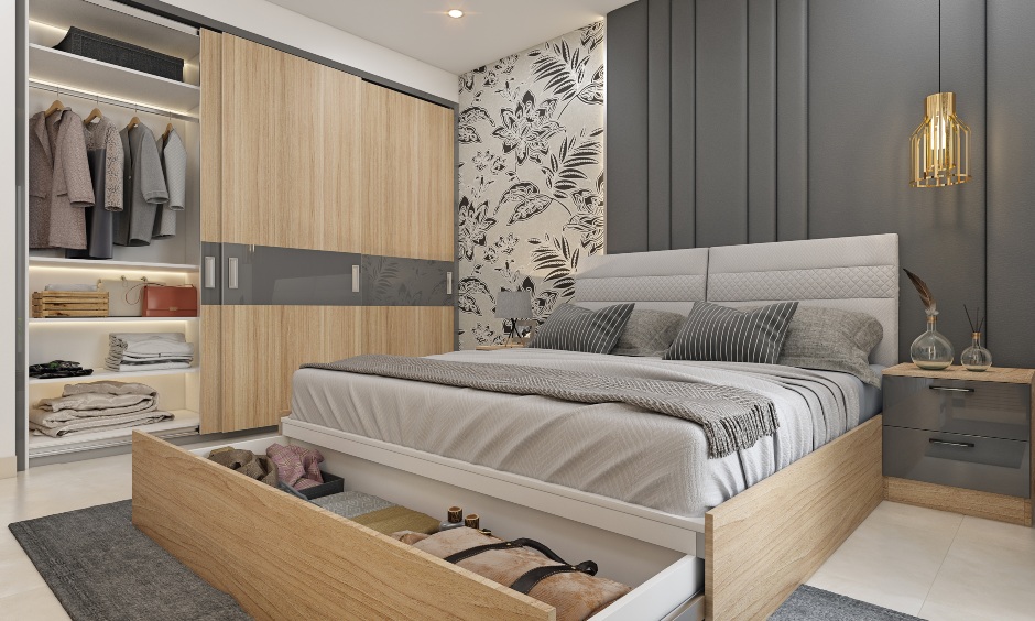 A Dark Modern Bedroom With Floor-To-Ceiling Wardrobe - DesignCafe