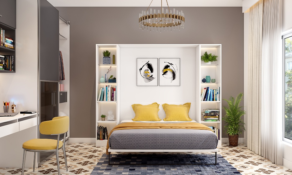 Space-saving bedroom furniture- Murphy bed with open shelf unit on either sides