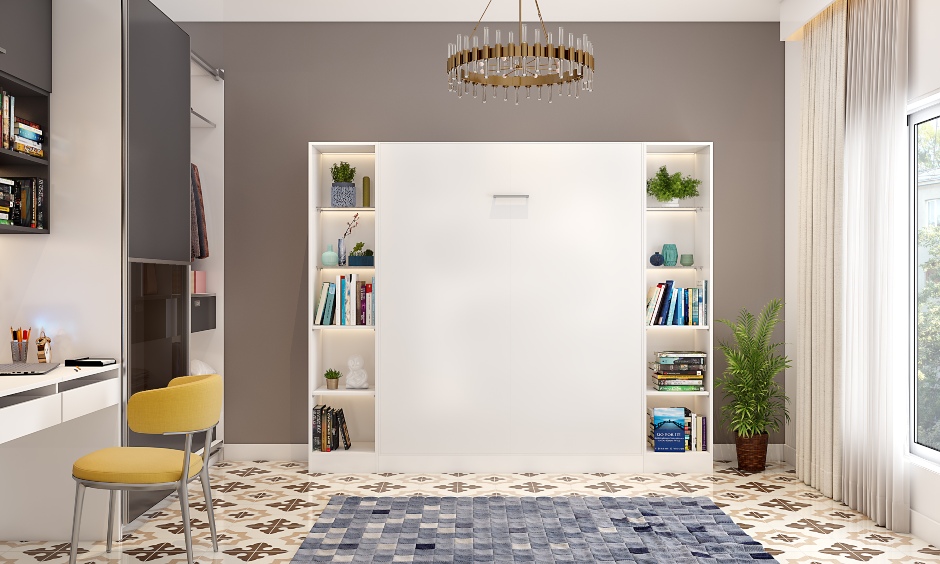 Space-saving bedroom ideas with wall-mounted bed in white laminate finish