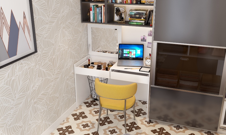 Space-saving study table with an in-built pull-to-open vanity space