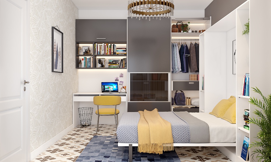 Space-saving wardrobe extends into study and work unit in the bedroom