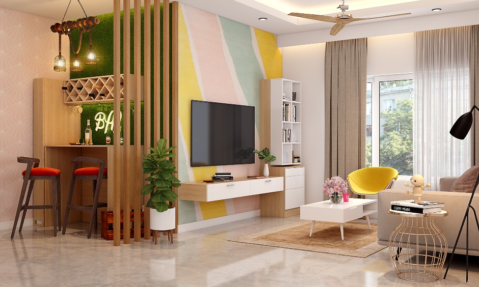 View of A Compact Living Room With A Space Saving Bar Unit - DesignCafe