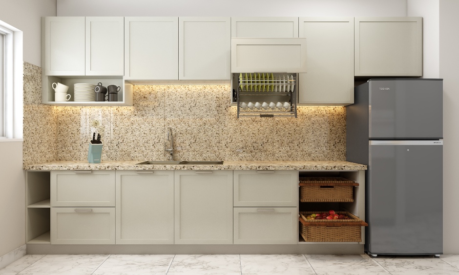 A Parallel Kitchen In Neutral Tones - DesignCafe