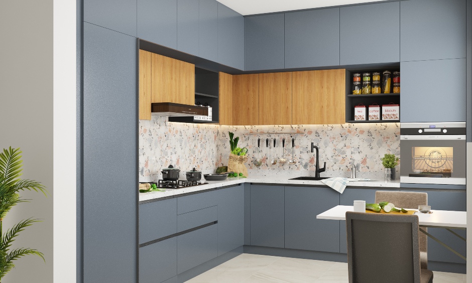 L-shape modular kitchen design in grey and wood like laminates for a classy look