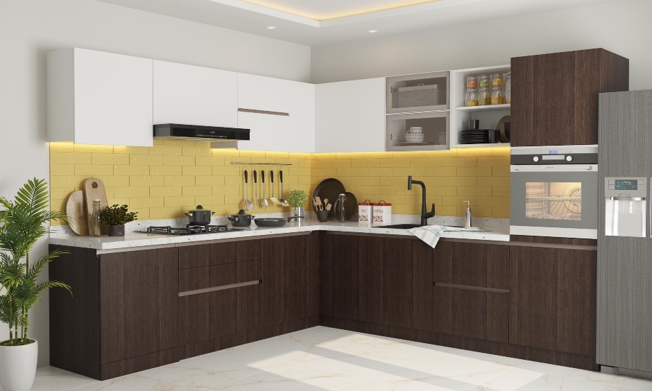 An L- Shaped Modular Kitchen In White And Wood Finish Laminates ...