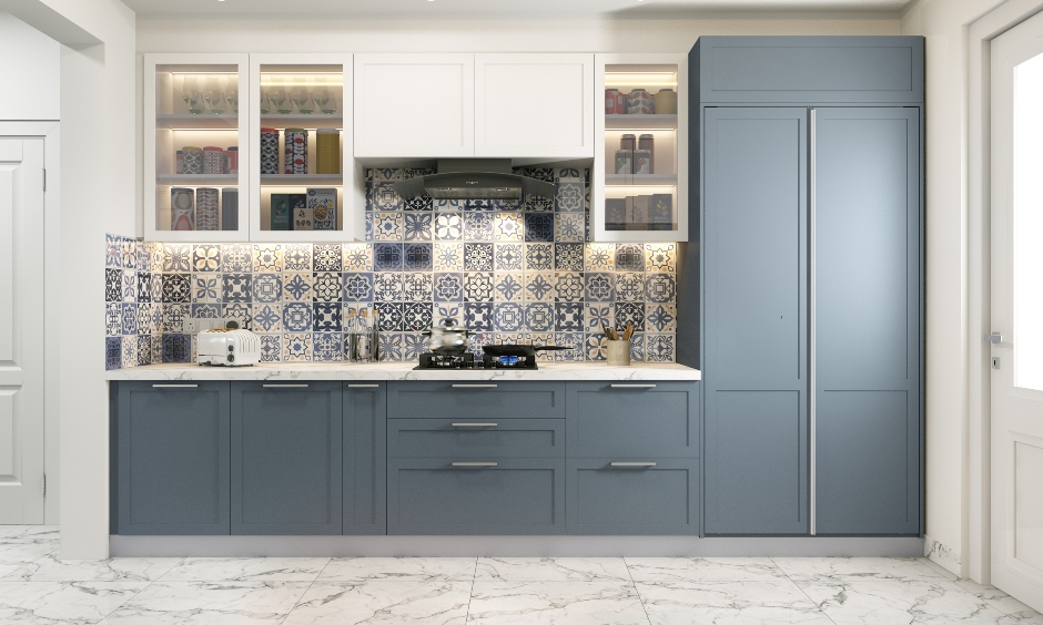 Parallel kitchen features multiple cabinets and drawers
