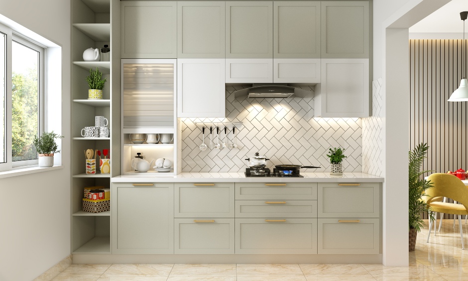 Parallel kitchen crockery unit with frosted glass shutters