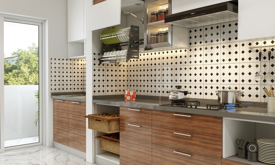 A Modern Kitchen Designed In White And Wood Finished Laminates - DesignCafe