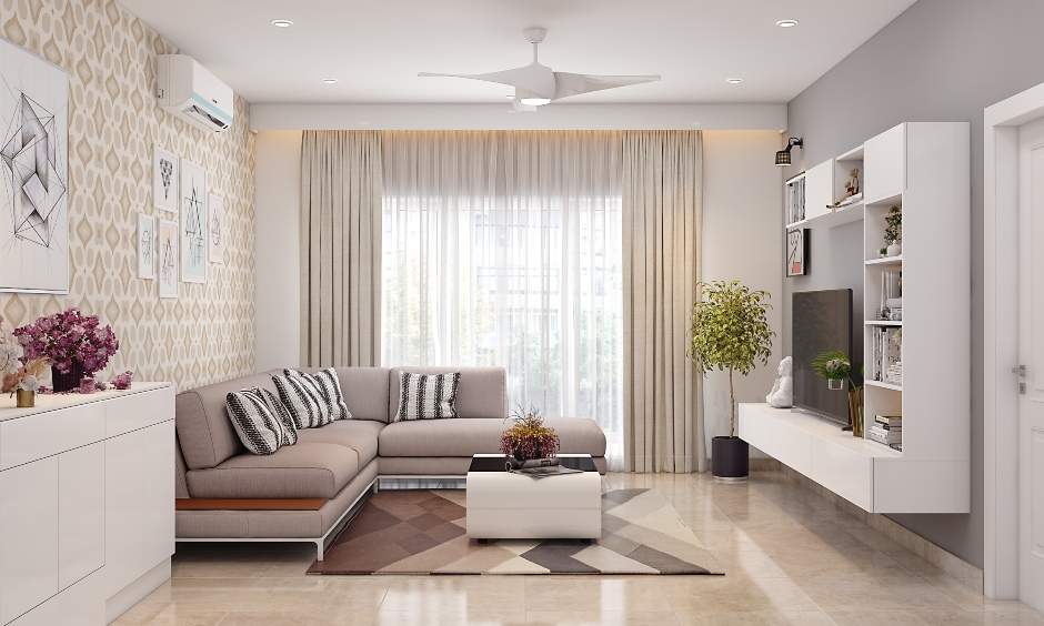 Modern living room with neutral colour patterned wallpaper