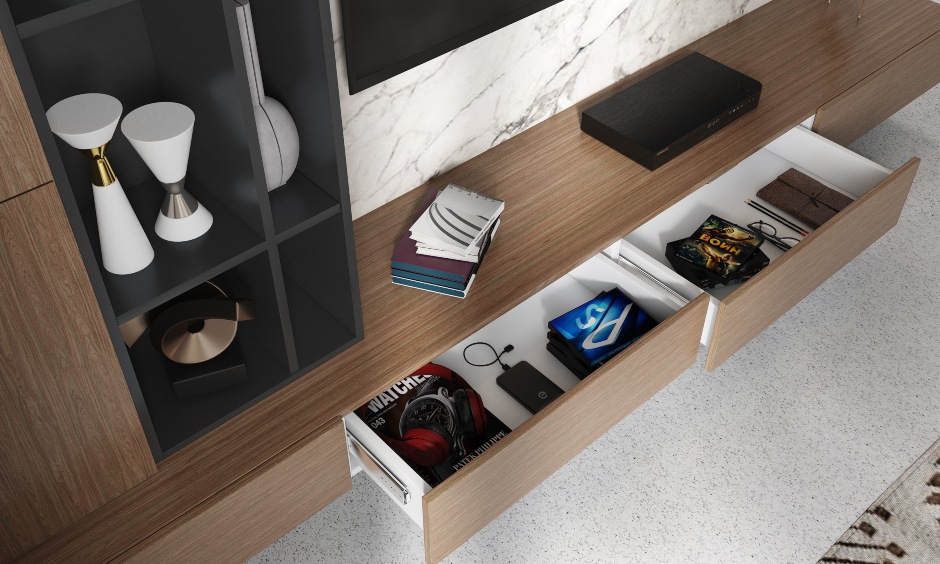 A Scandinavian Living Room With A TV Unit Cum Shelving Unit - DesignCafe