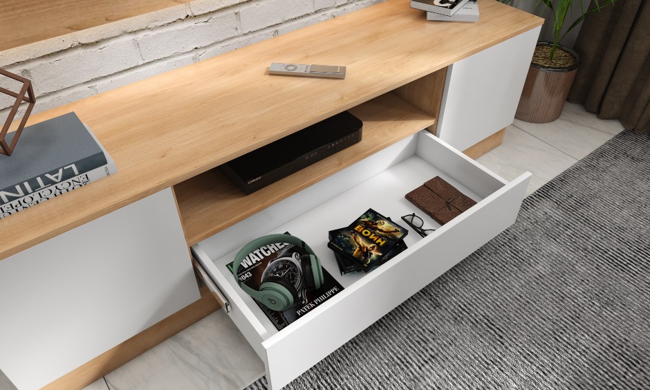 A Living Room With A Compact TV Unit - DesignCafe