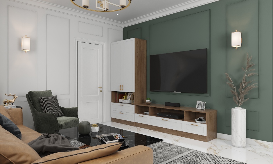 Elegant living room with wall mouldings on both the accent wall