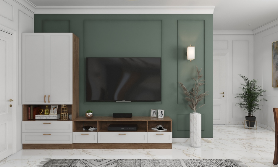 Living room features tv unit and open box shelves