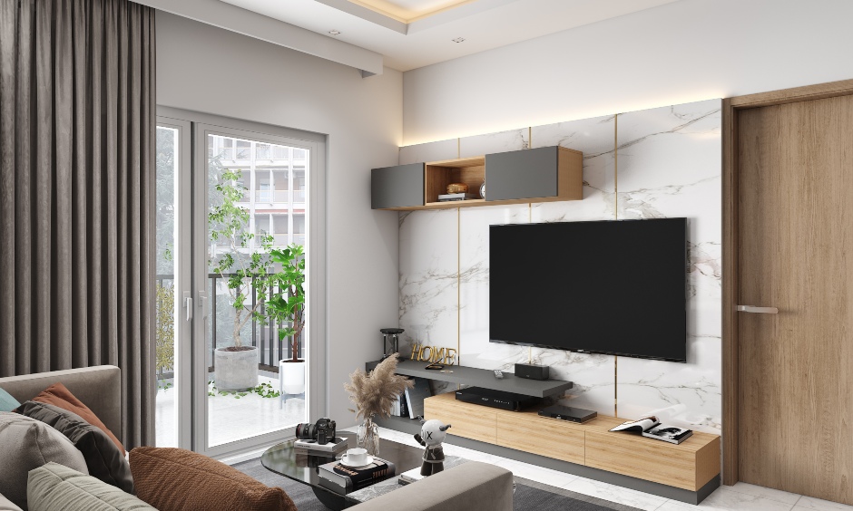 A Cosy Living Room With A Marble Panel TV Unit - DesignCafe