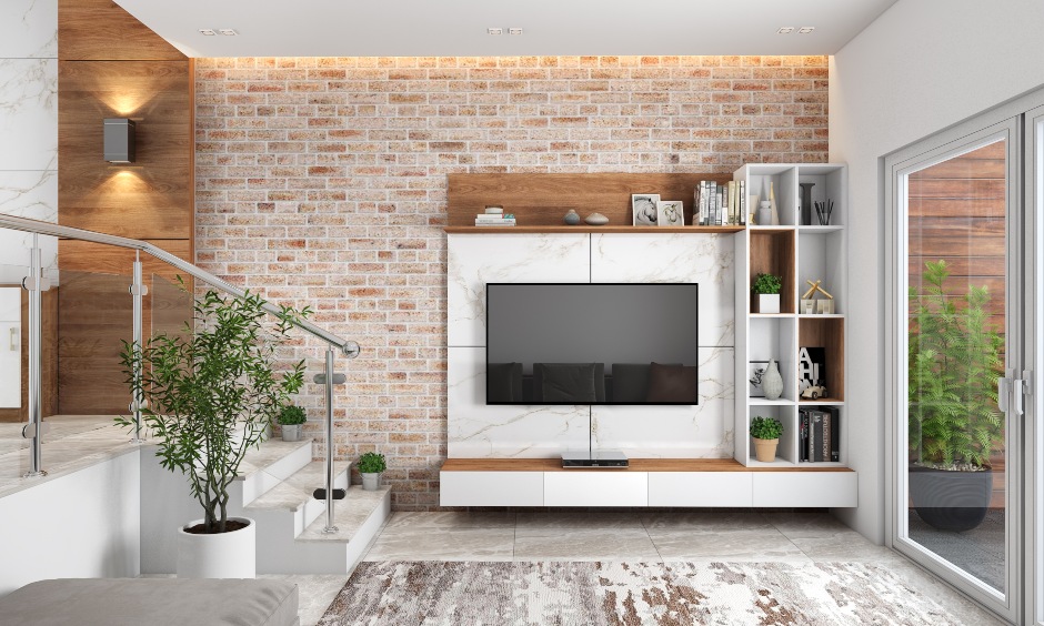 Brick wall living room features wall-mounted tv unit