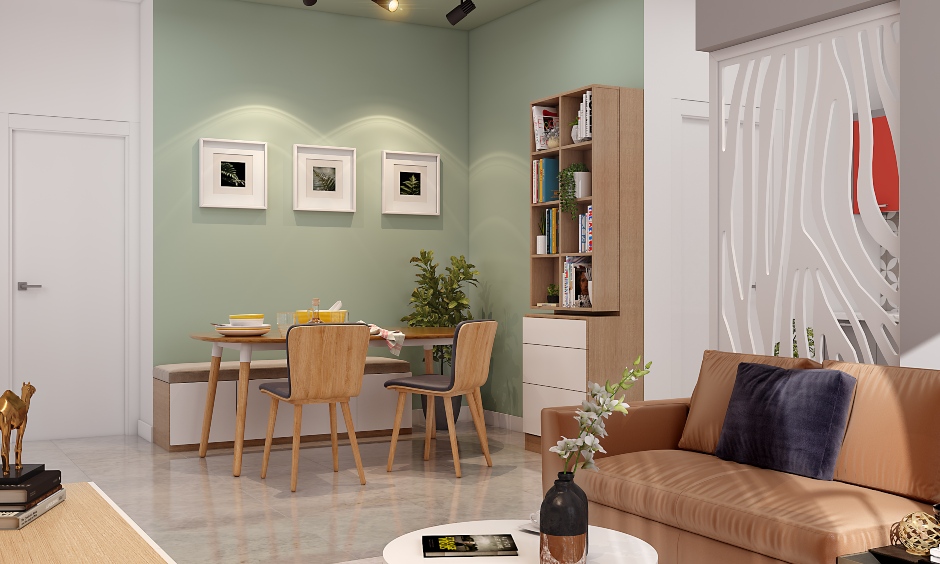 Compact living room cum dining corner with dining sets