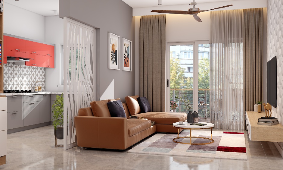 Compact living room design in open layout comes with sectional sofa