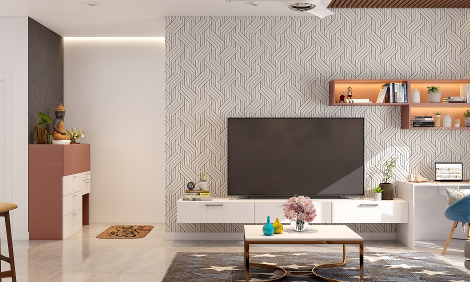Modern living room has floating drawer tv unit and coffee table