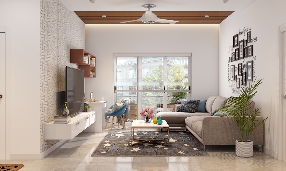 A modern living room has wood false ceiling design