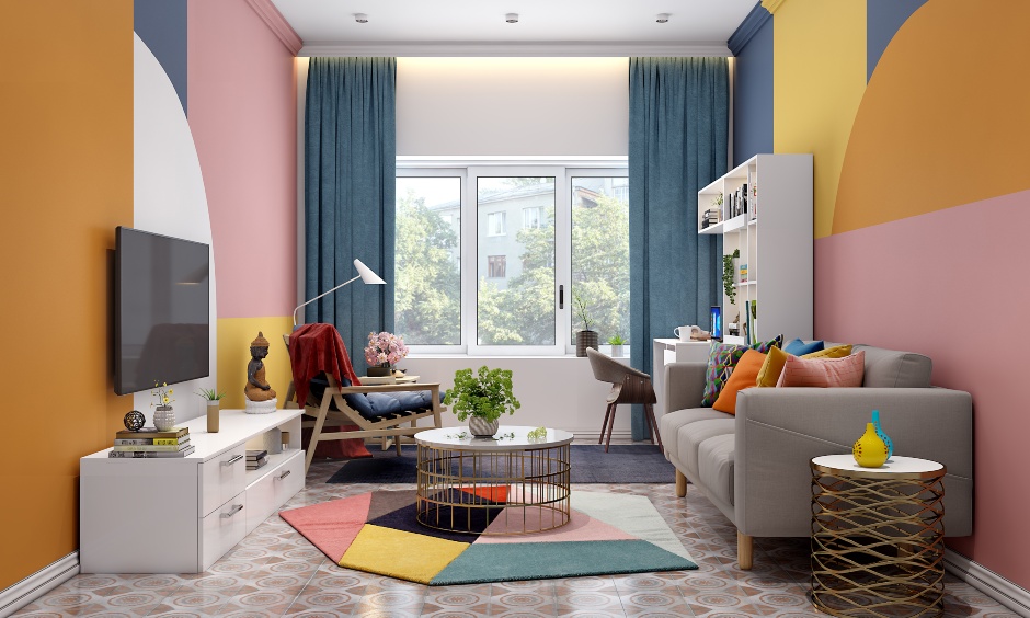 Open living room cum study corner designed in vibrant colour palette