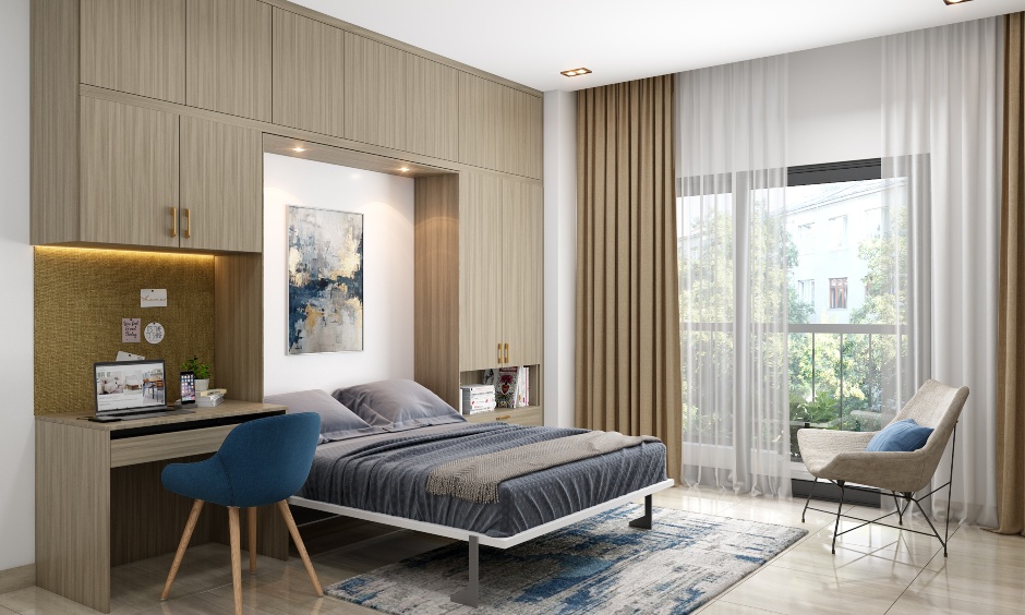 A Space-Saving Bedroom Design With A Home Office - DesignCafe