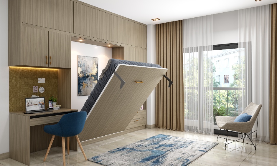 A Space-Saving Bedroom Design With A Home Office - DesignCafe