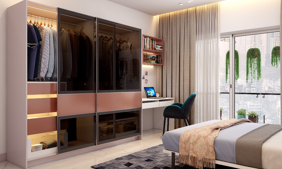 Space-saving bedroom wardrobe comes with sliding doors in tinted glass and multiple compartments