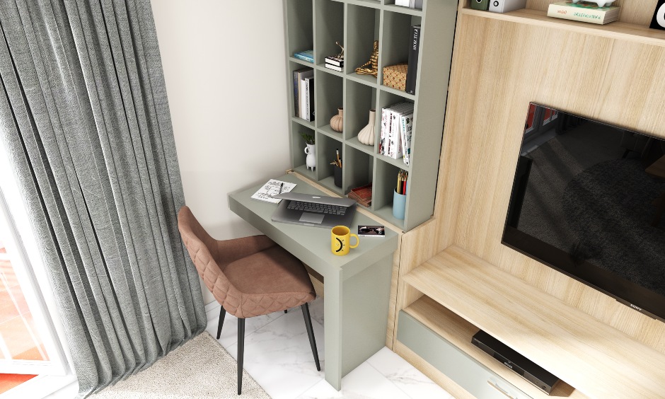 Space-saving living room furniture in light wood and grey