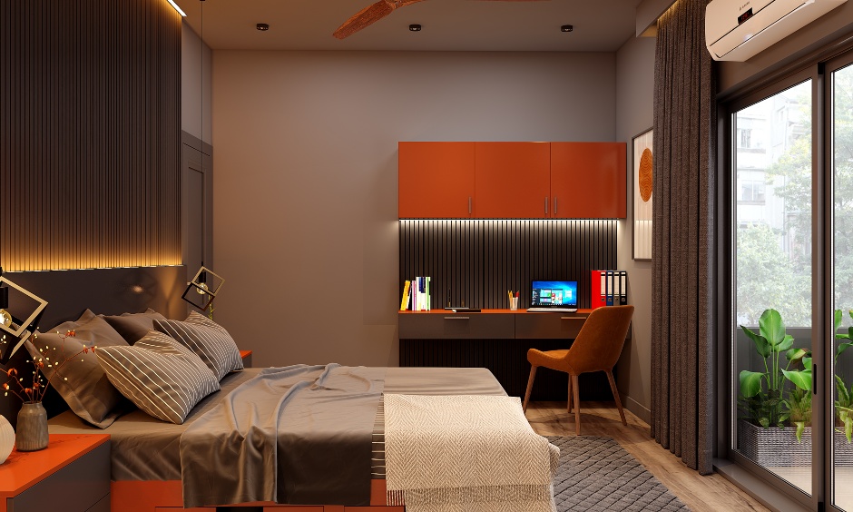 A Bedroom With Study Corner And Open Closet - DesignCafe