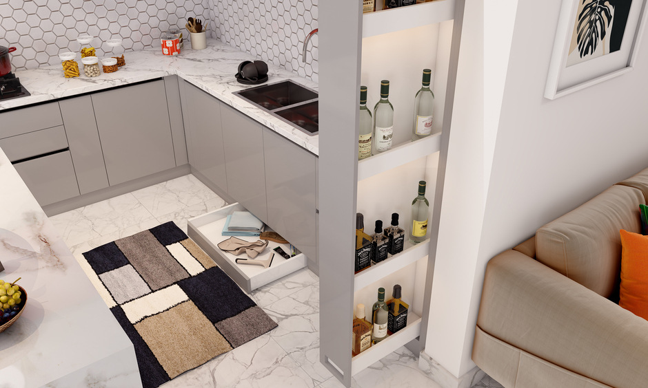Marble island kitchen with open cabinets