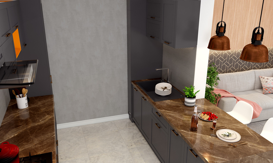 Side-View-Of-A-Multi-functional-Parallel-Kitchen-With-Smart-Storage-Solutions-With-Marble-Top
