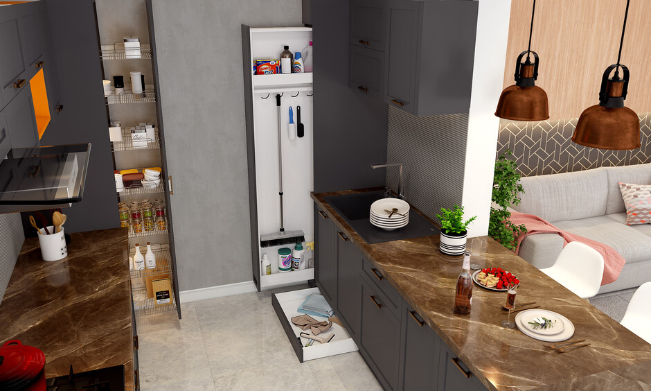 Side-View-Of-A-Multi-functional-Parallel-Kitchen-With-Side-Storage-Capacity-With-Marble-Top