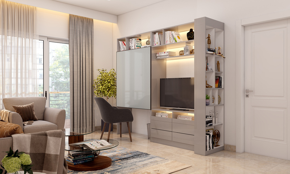 A Modern Living Room With Study-Cum-Open Cabinet TV