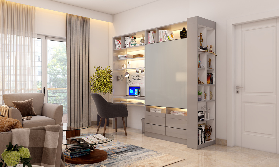 A Modern Living Room With Study-Cum-Closed Cabinet TV