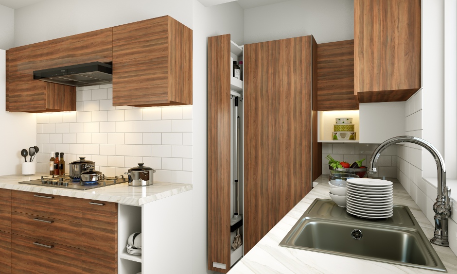 Modern compact kitchen with a space-saving pull-out janitor